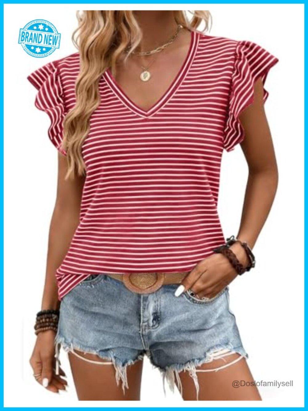 Womens Ruffle Short Sleeve V Neck Striped Casual Tee Blouse